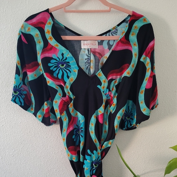 V-Neck Black Mini Dress with Turquoise & Coral Wave Print - Picture 5 of 14